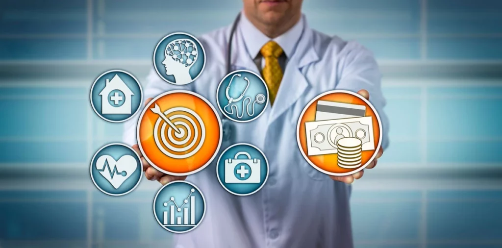 Doctor holding icons that present a value based healthcare model