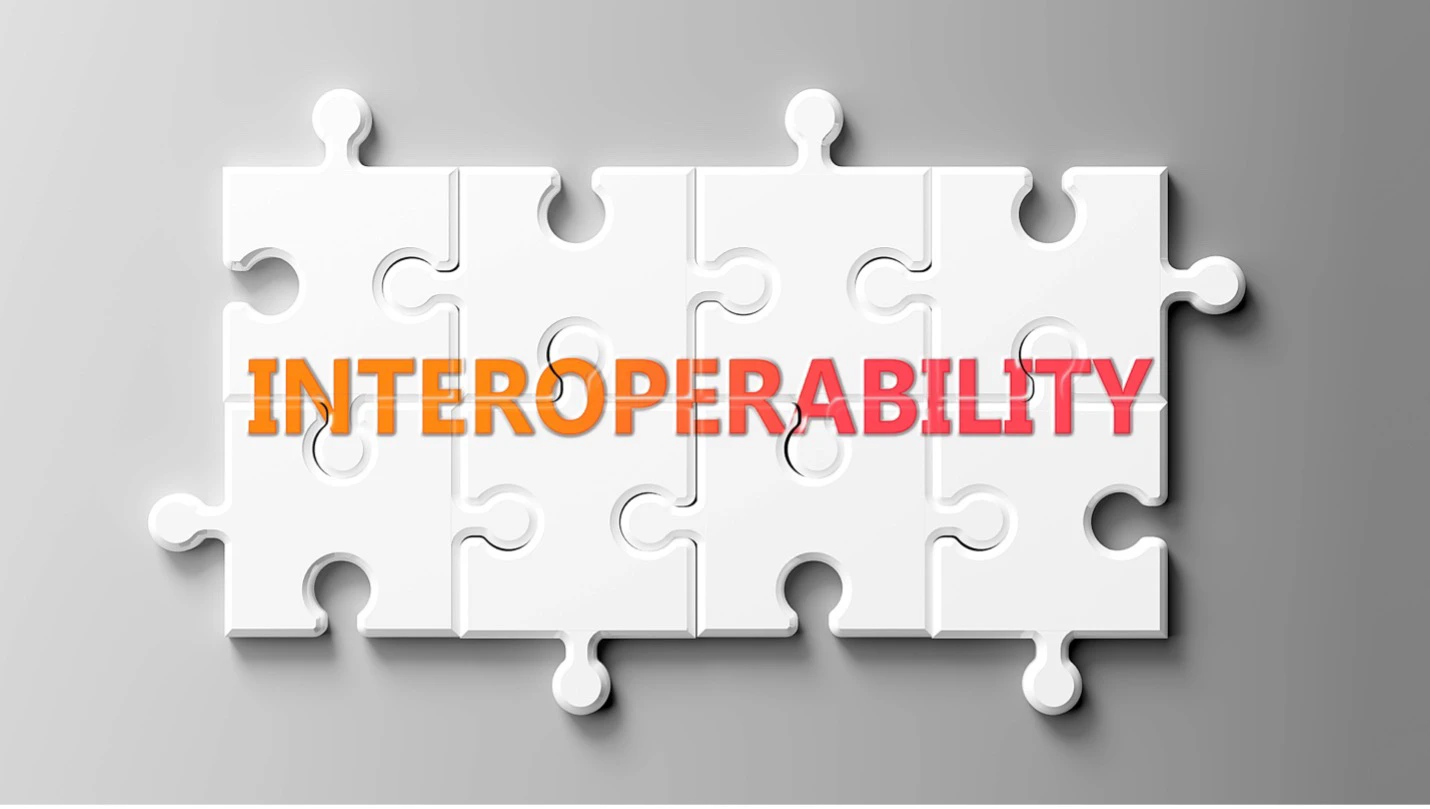 The word Interoperability on top of a white puzzle pieces.