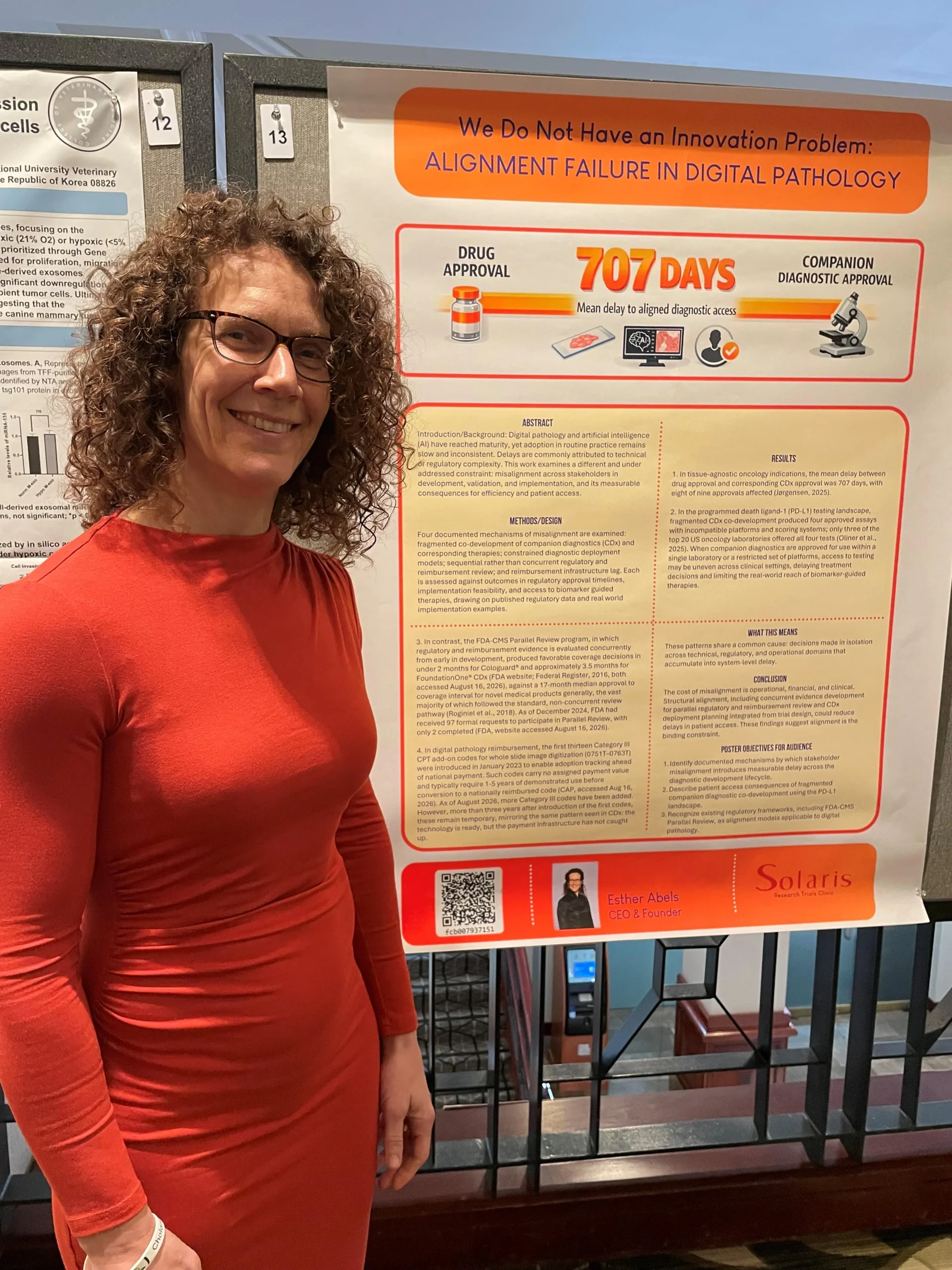 Esther Abels at Next Generation Dx Summit 2026, Washington, DC. Esther Abels is presenting SolarisRTC's poster, We Do Not Have an Innovation Problem: Alignment Failure in Digital Pathology.