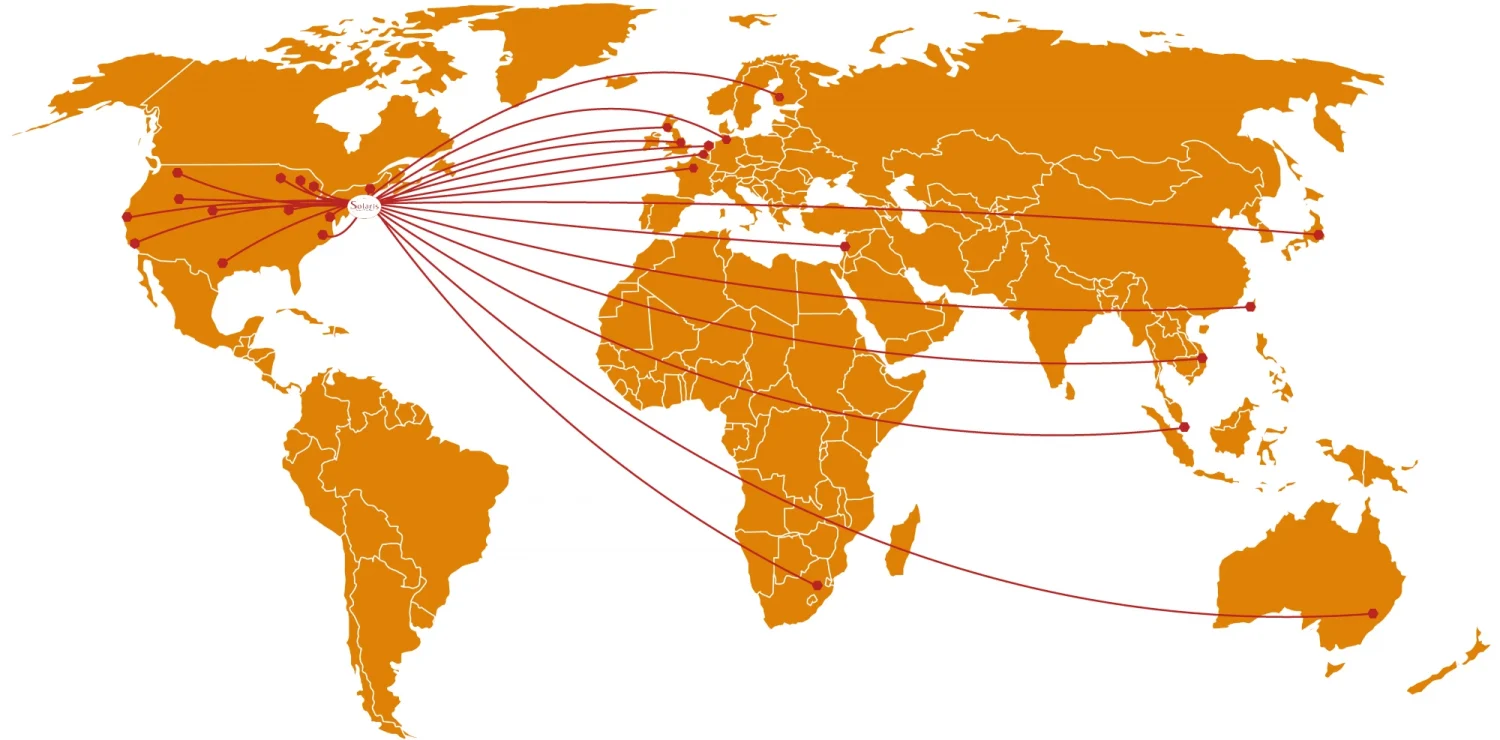 Global map with lines going from Boston MA to the other continents of the world.