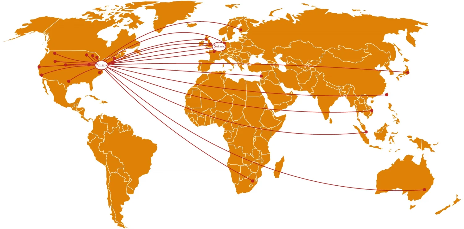 solarisrtc-global-map-2025 Global map with lines going from SolarisRTC Office locations in Silver Spring, Maryland, USA and The Netherlands to the other continents of the world.